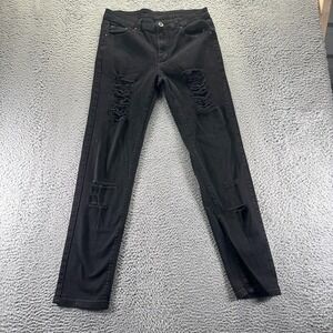 Wulful Jeans Women 32x31 Black Cotton Denim Straight Distressed Workwear Stretch